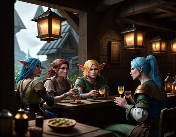 Female Goblins Drinking Cocktails in Rustic Tavern