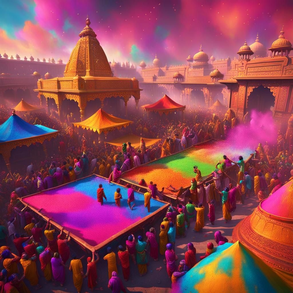 Vibrant Holi Festival Celebration, Detailed Digital Painting