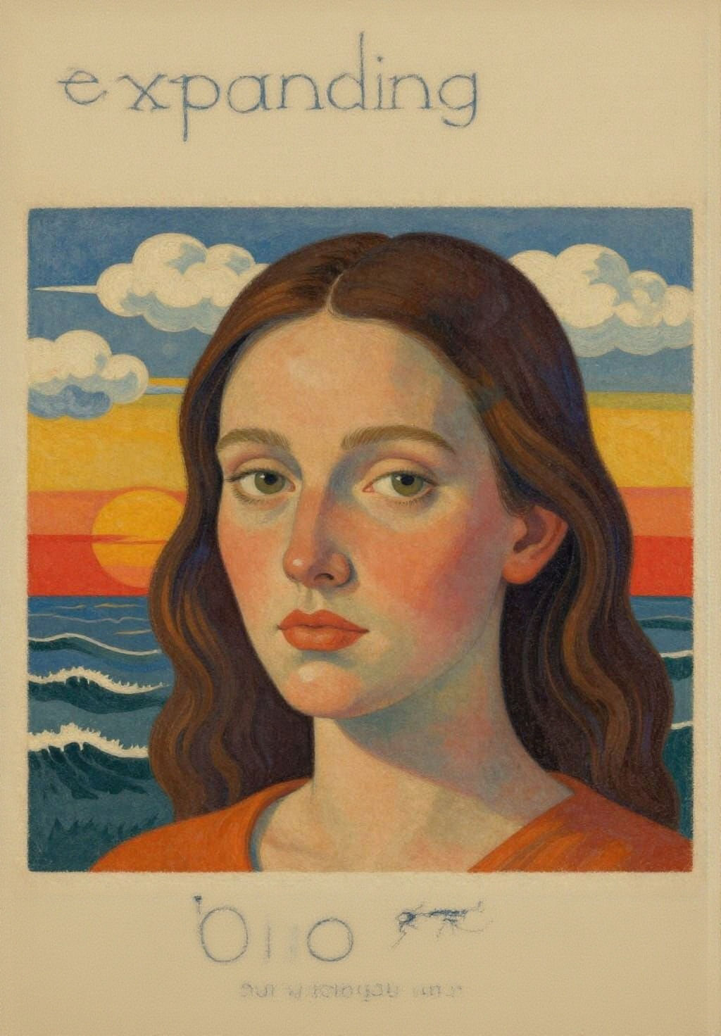 Surreal Portrait Blends Sunset Landscape in Vintage Folk Art...