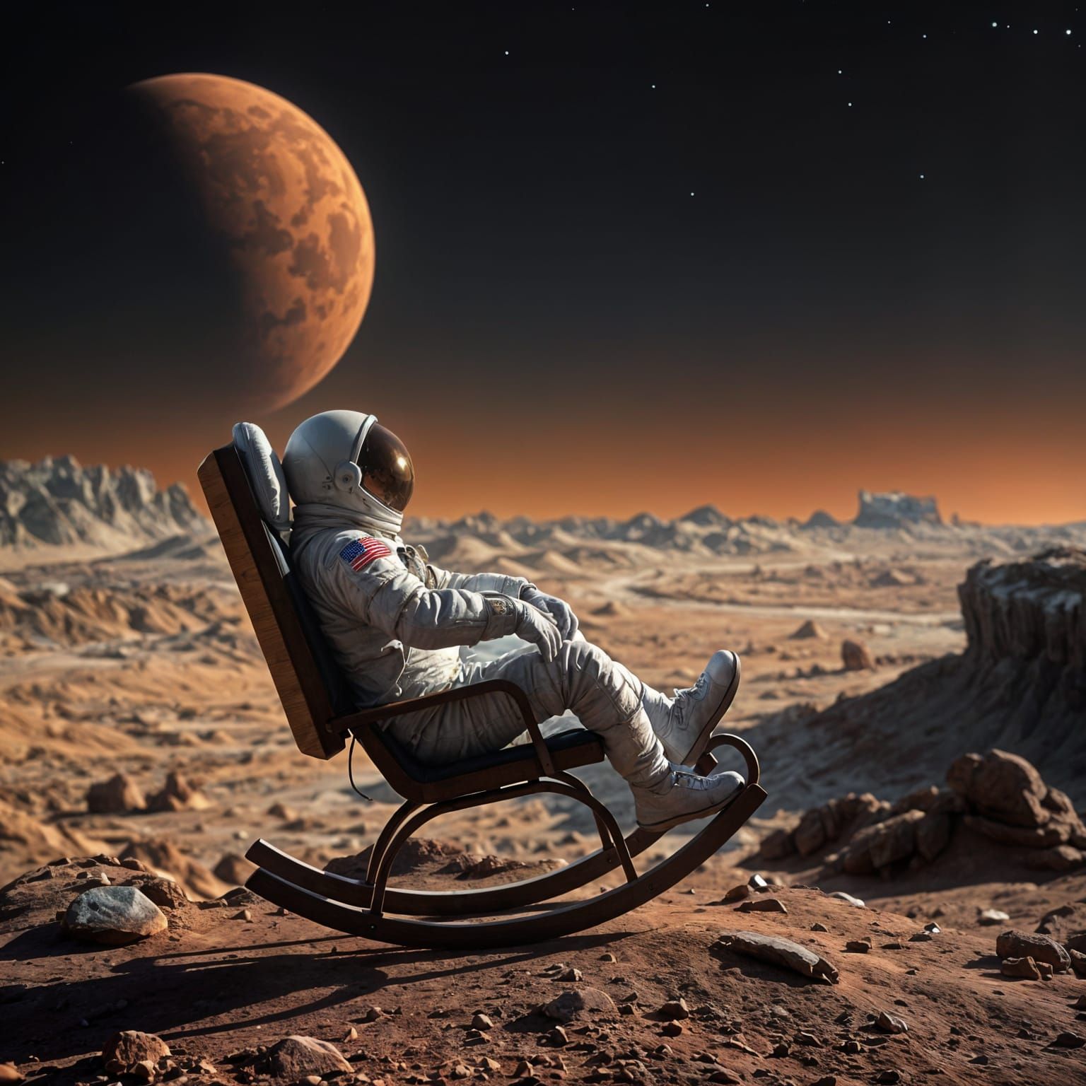 Astronaut Relaxing on Mars in Wooden Rocking Chair