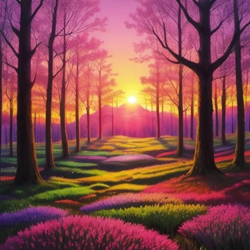 Abstract Fantasy Sunset in Colorful Spring Forest