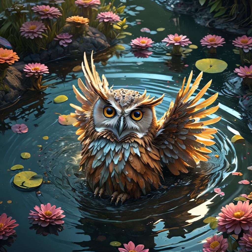 Joyful Owl Bathing in Pond: Digital Illustration