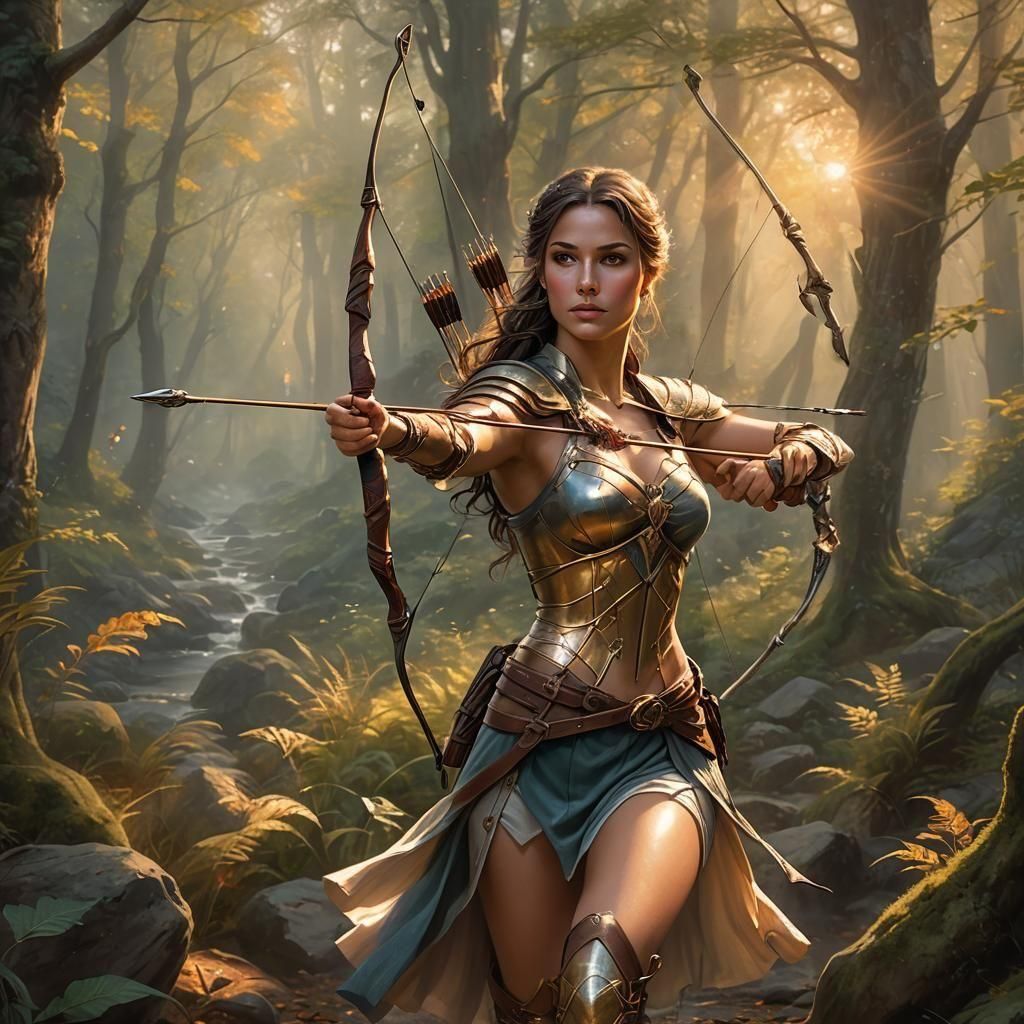 Ethereal Woman Archer in Fantasy Landscape