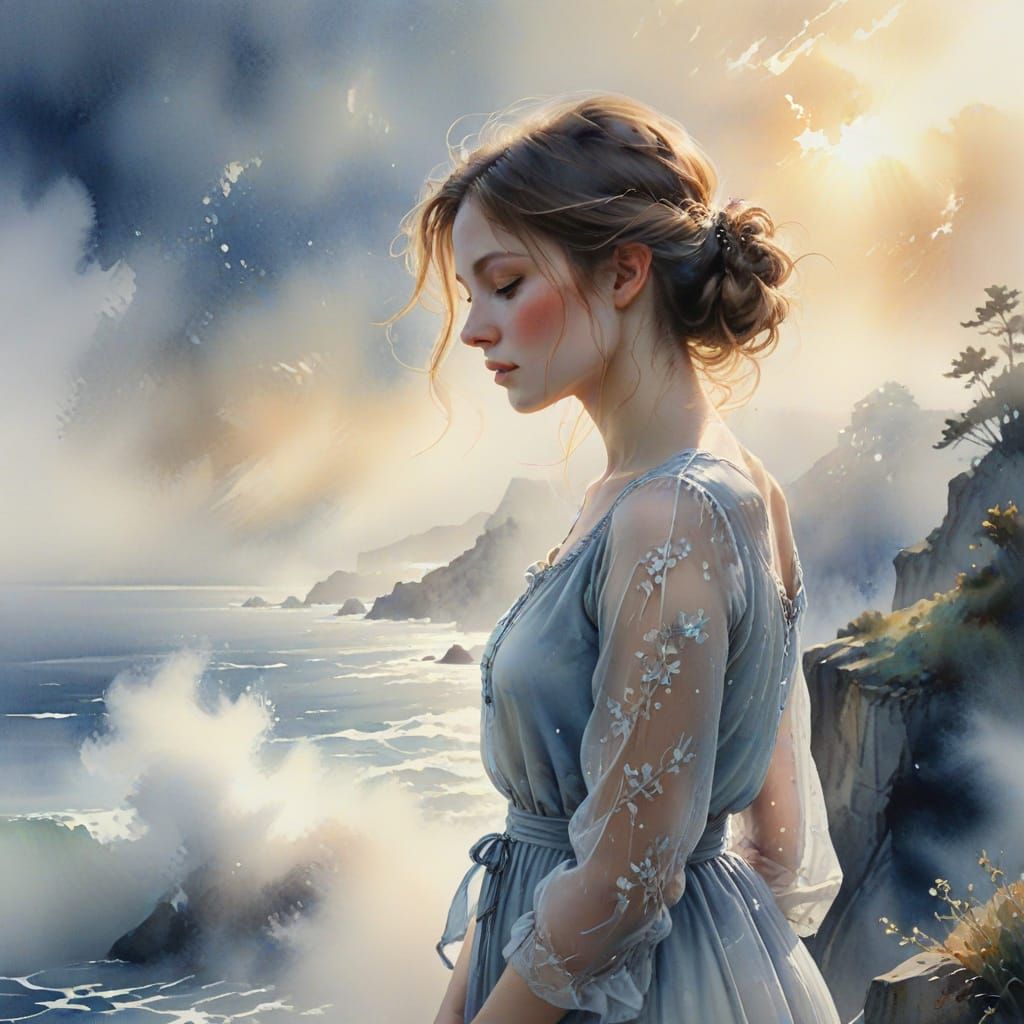 Ethereal Watercolor Woman on Cliff Overlooking Foggy Ocean
