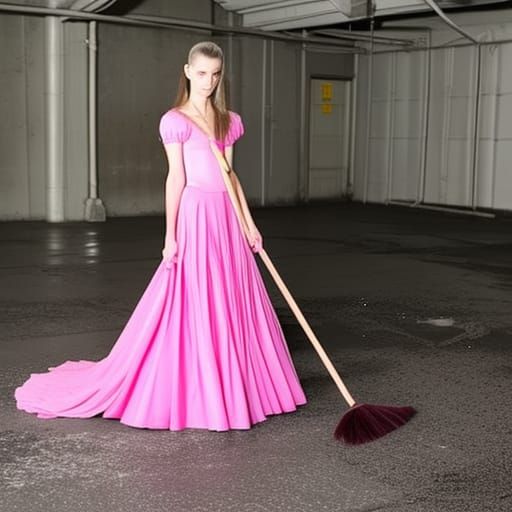 Princess with a broom in a dirty room