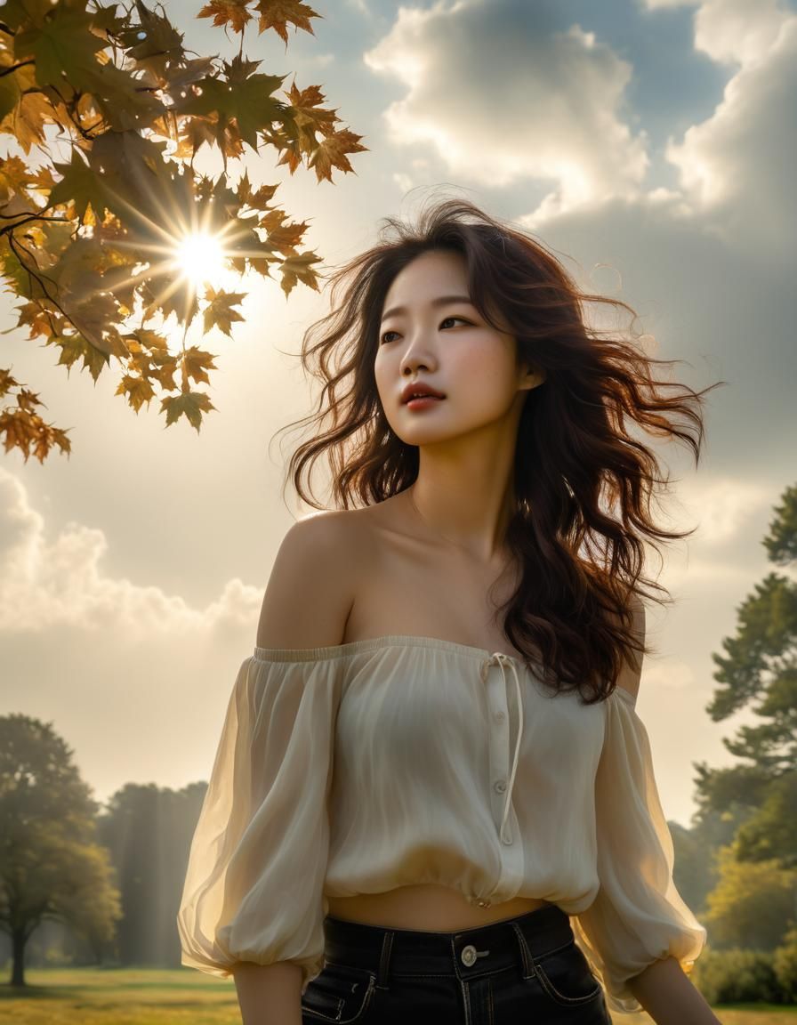 Korean Woman in Maple Park: Chiaroscuro Oil Painting