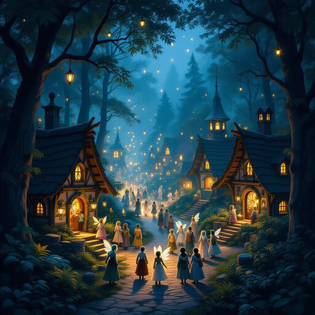 Bustling Fairy Village in Forest at Night
