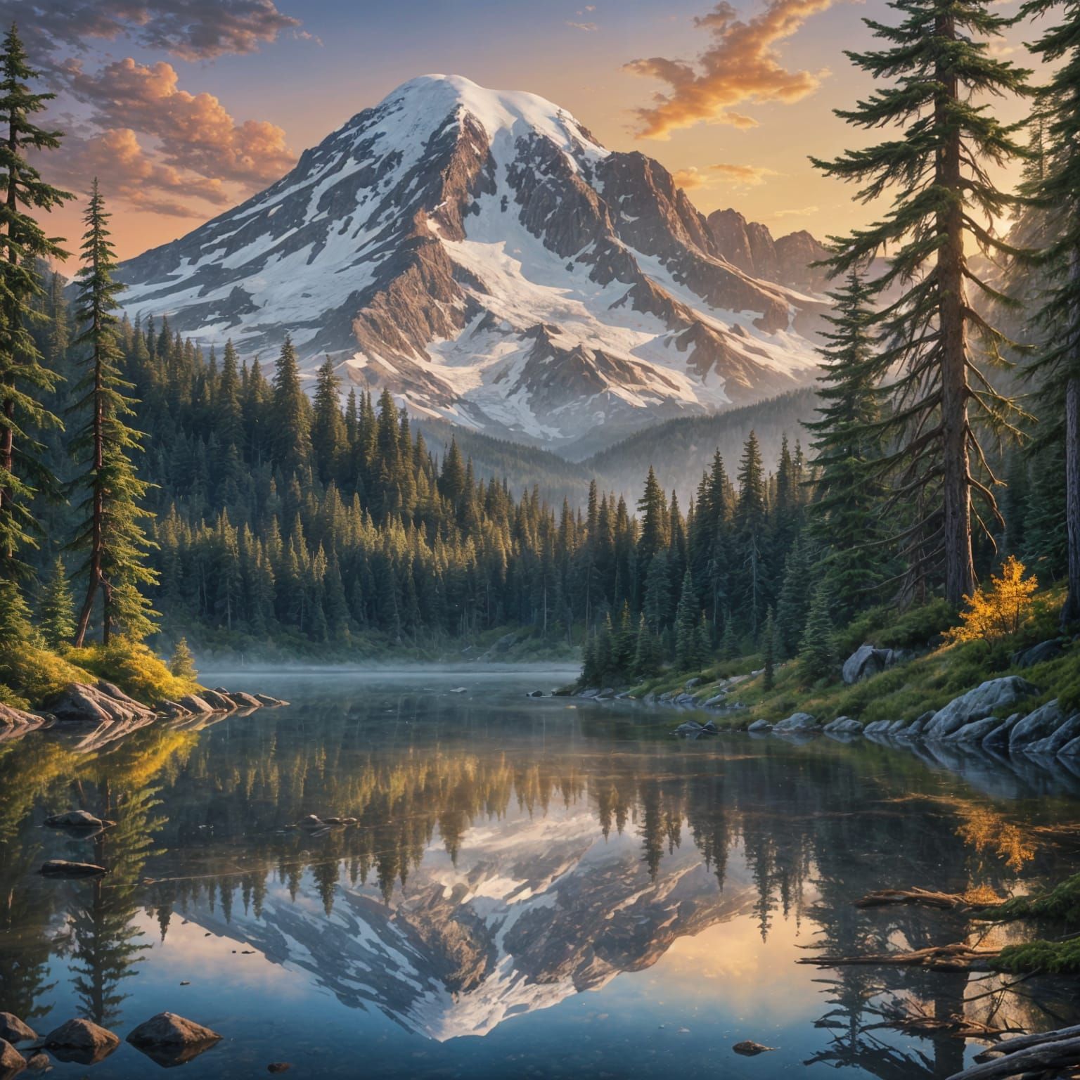Mount Rainier Landscape at Sunset: Detailed Matte Painting