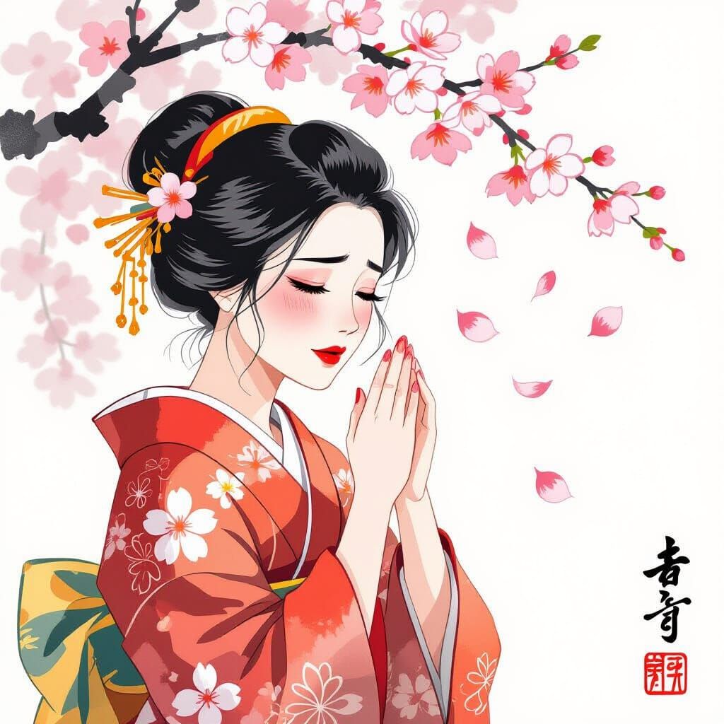 Tearful Kimono Woman in Yamato-e Style