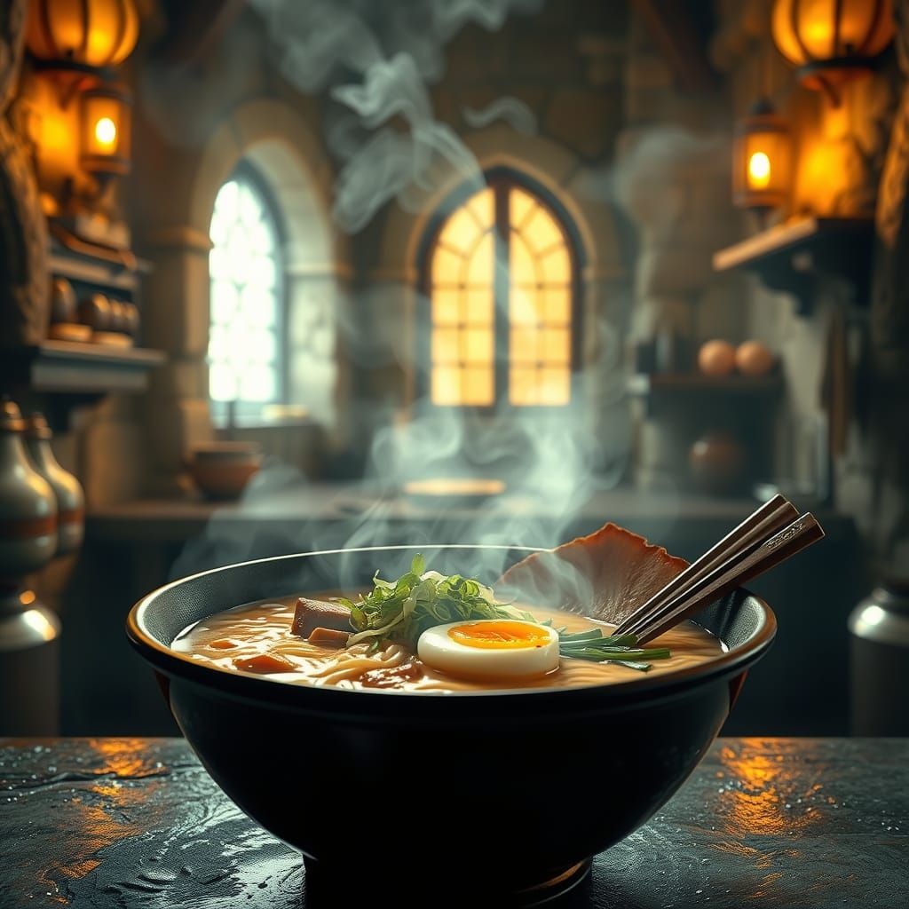 Surreal Ramen Masterpiece in Medieval Futurism Style