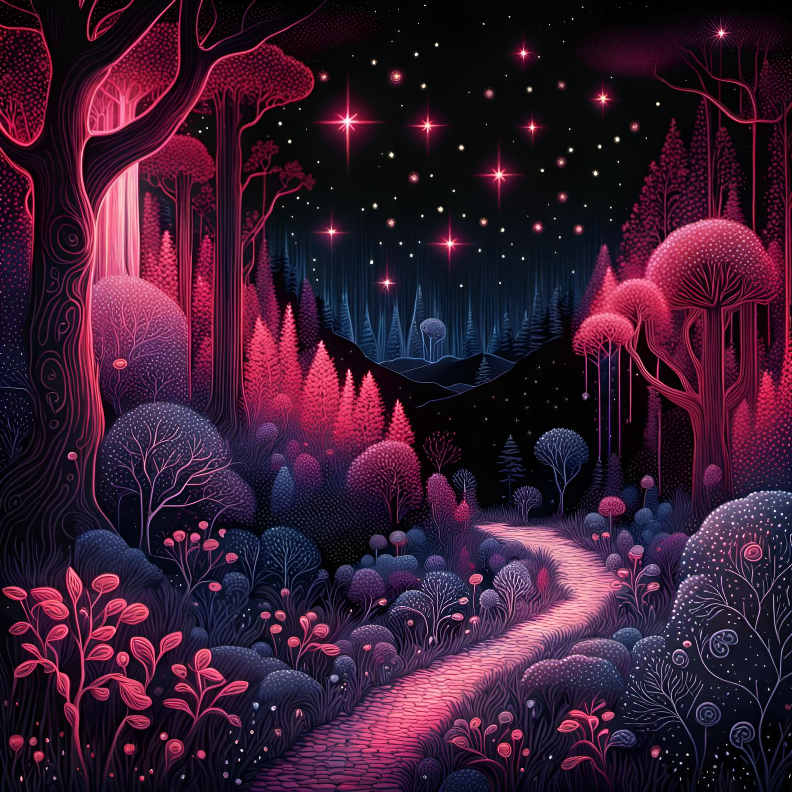Path through Whimsical Red Fantasy enchanted forest