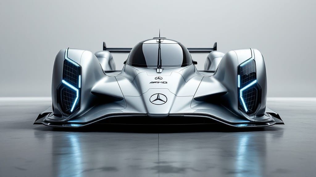 Futuristic Mercedes AMG GTP Race Car in Metallic Silver