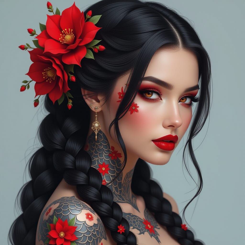 Woman with Dragon Tattoo and Red Flowers