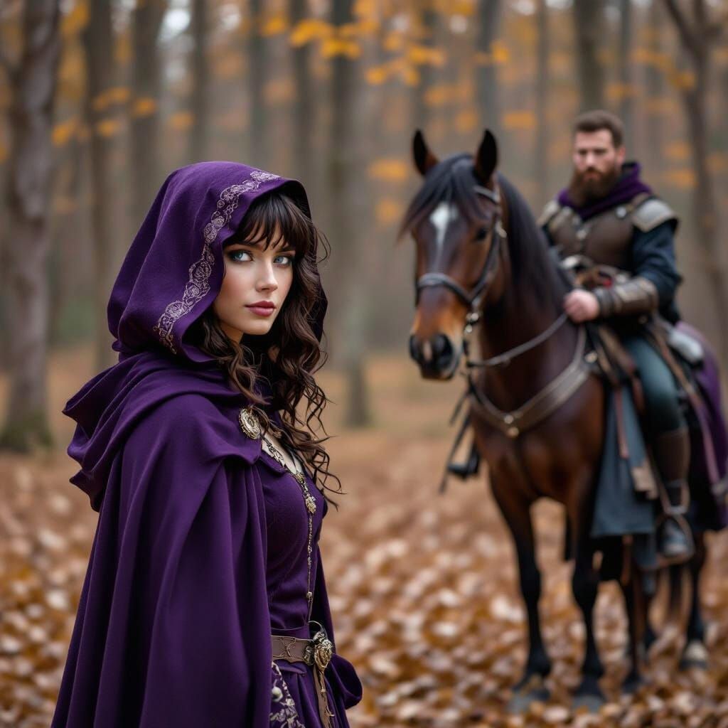 Cloaked Woman Meets Squire in Autumn Woods