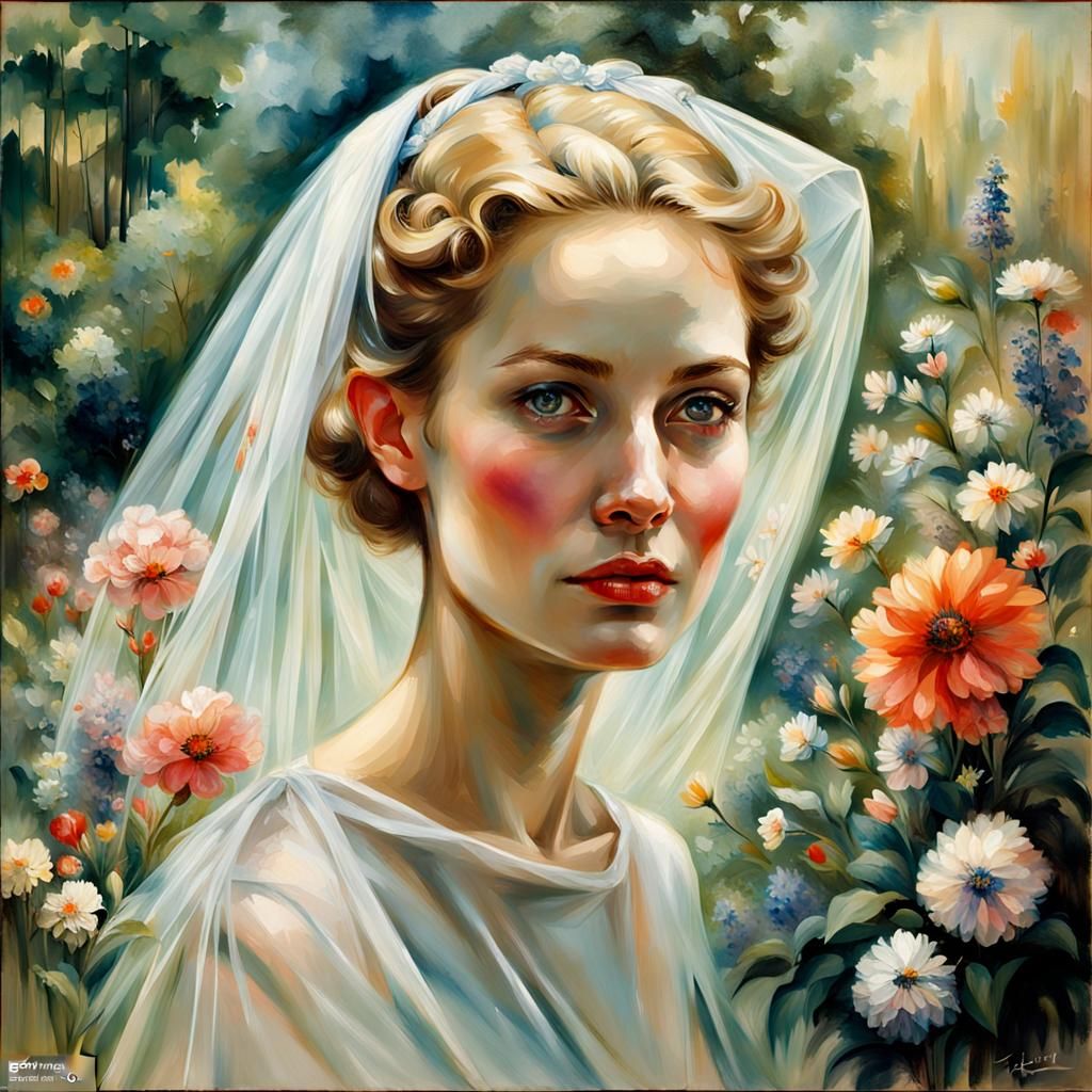 Smiling Woman Portrait in Garden, Classical Style