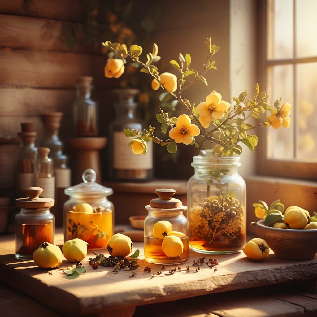 A cozy herbal apothecary scene, jars of ginger, cinnamon sticks, thyme, eucalyptus, warm golden light, protective and co...