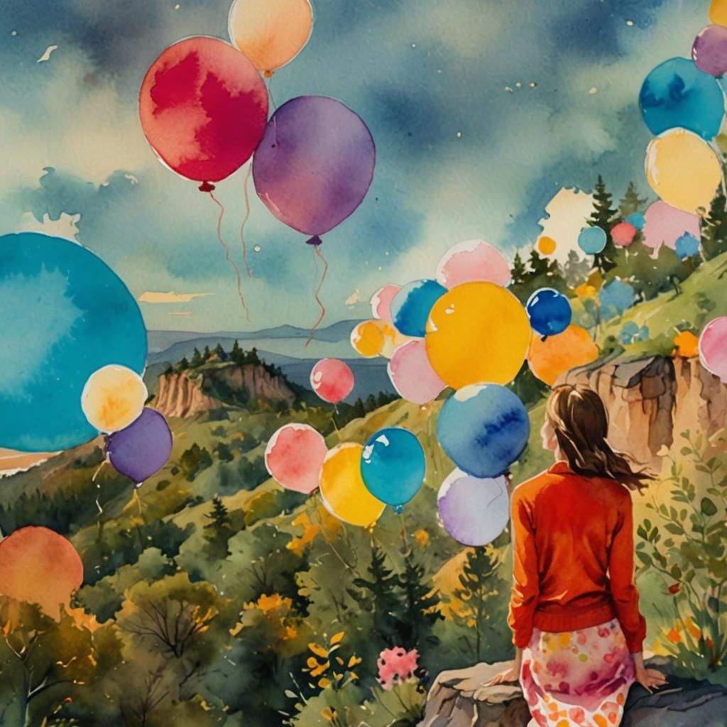 Watercolor Woman on Cliff at Sunset