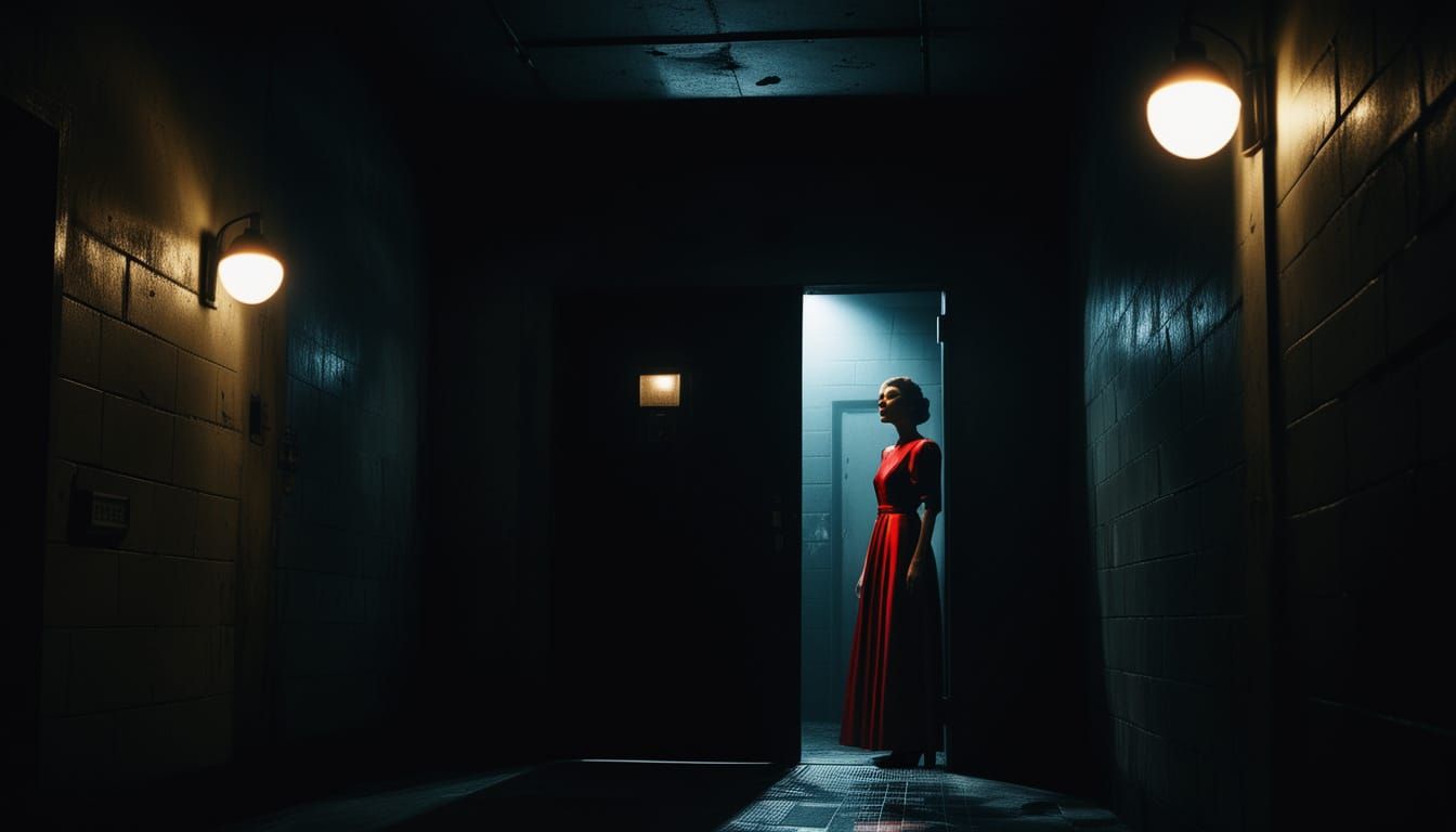 Retro-Futuristic Woman at Prison Door in Film Noir Style