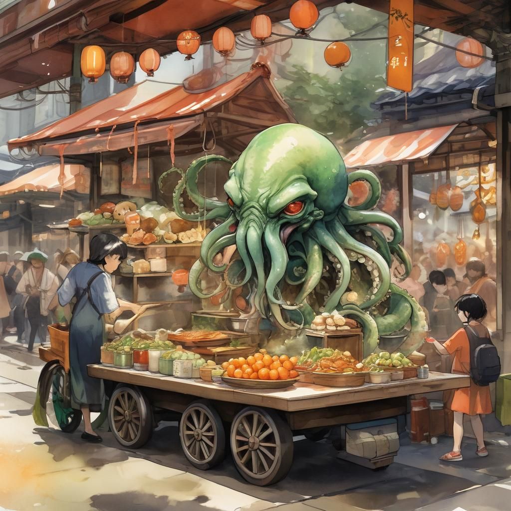 Toddler Cthulhu Eats Street Food, Watercolor Style