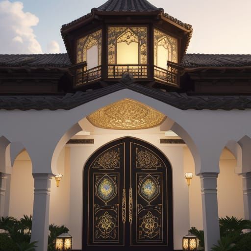Baroque-Inspired Mansion Entrance with Ornate Mosaic Inlays