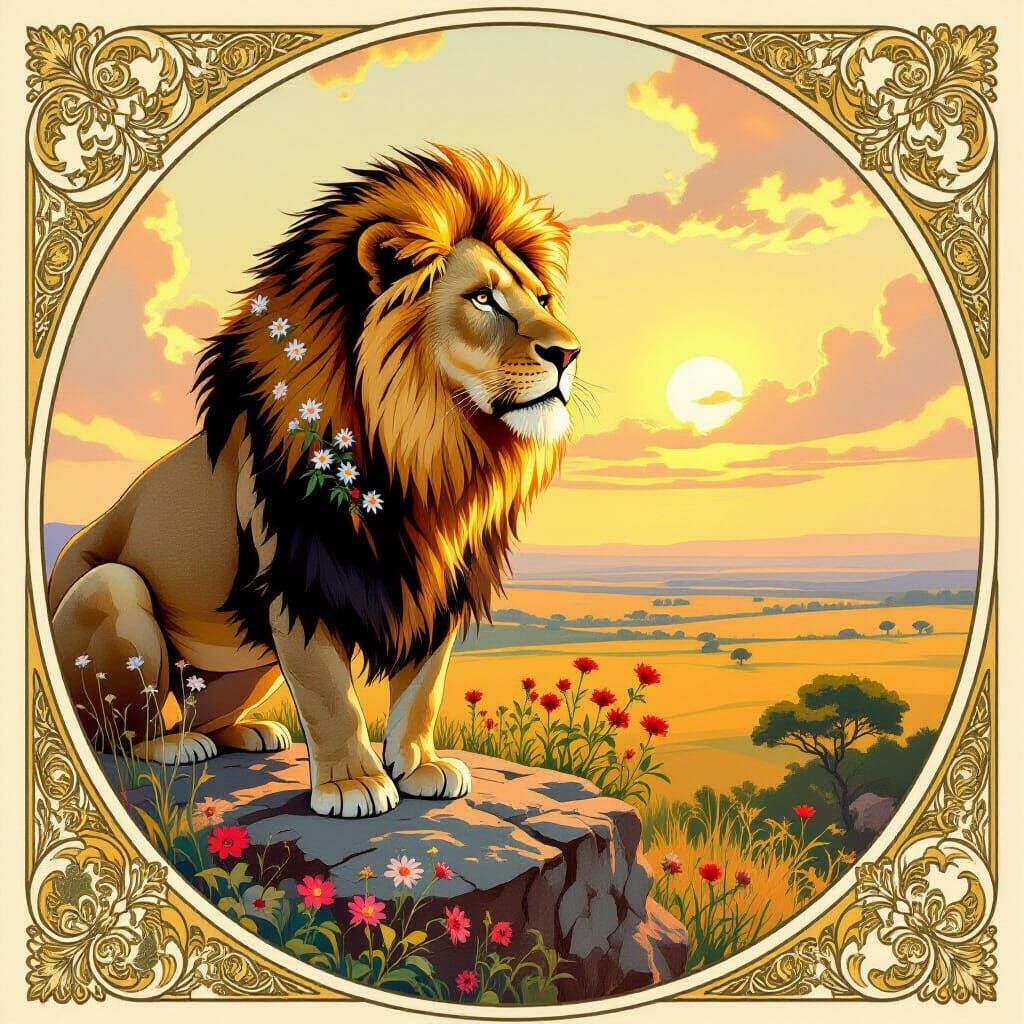 Lion with Wildflower Mane in Art Nouveau Style