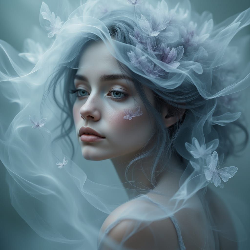 Ethereal Woman in Shimmering Mist, Dreamlike Digital Art