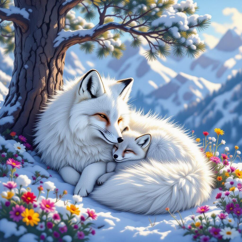 Arctic Fox Family in Rocky Mountain Landscape