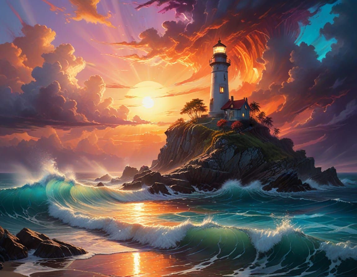 Lighthouse on Tropical Coast at Sunset