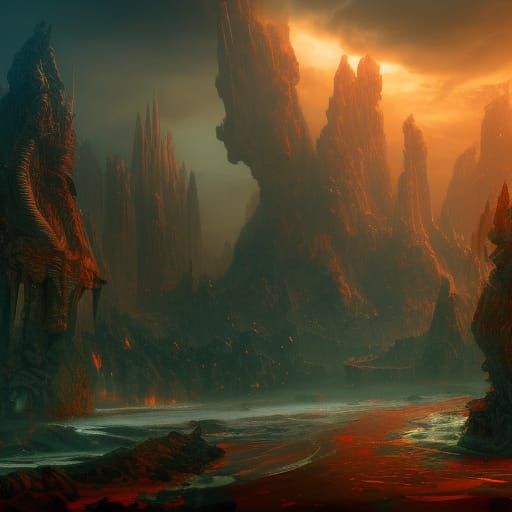 Fantastical Landscape in Deep Color, Detailed Matte Painting