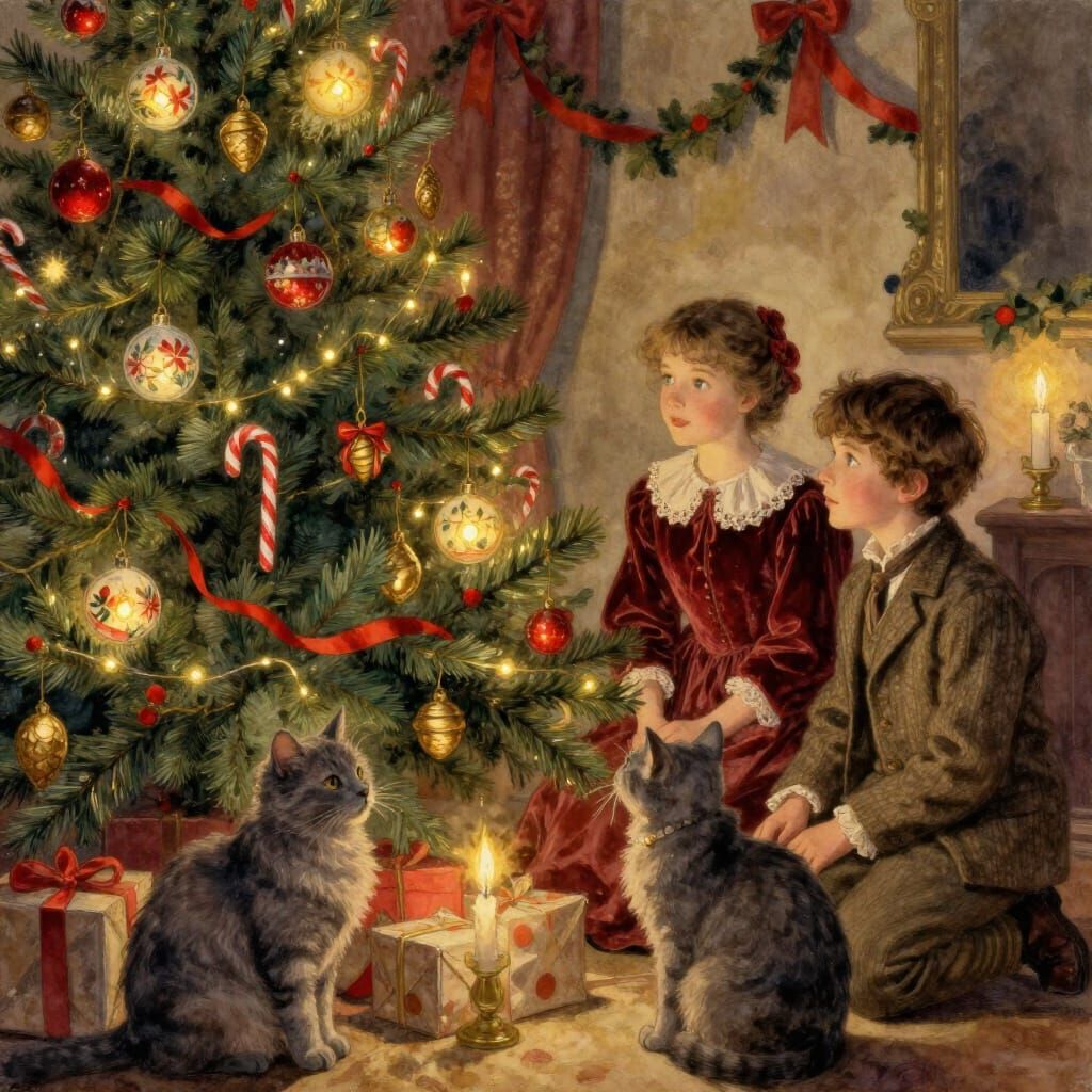 Victorian Christmas Fairy Tale Scene with Enchanted Tree