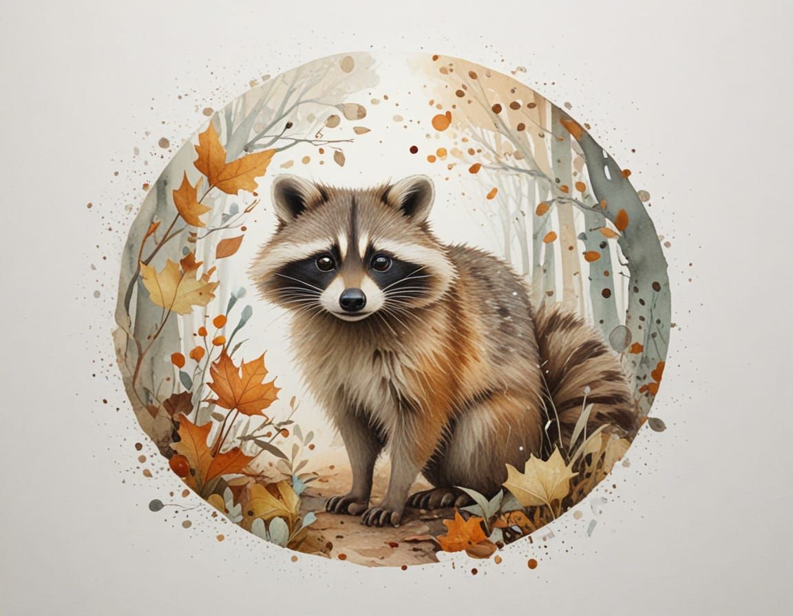 Pastel Raccoon in Snowy Autumn Forest