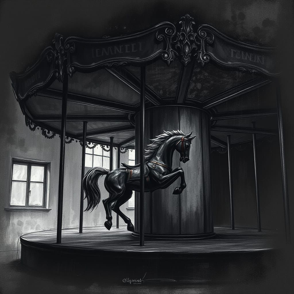 Eerie Abandoned Carousel Horse Emerges in Charcoal Drawing S...