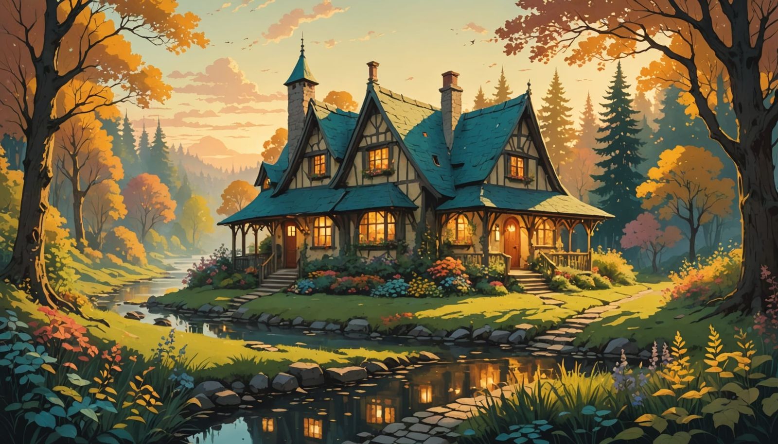 Whimsical Cottage in Golden Hour Forest