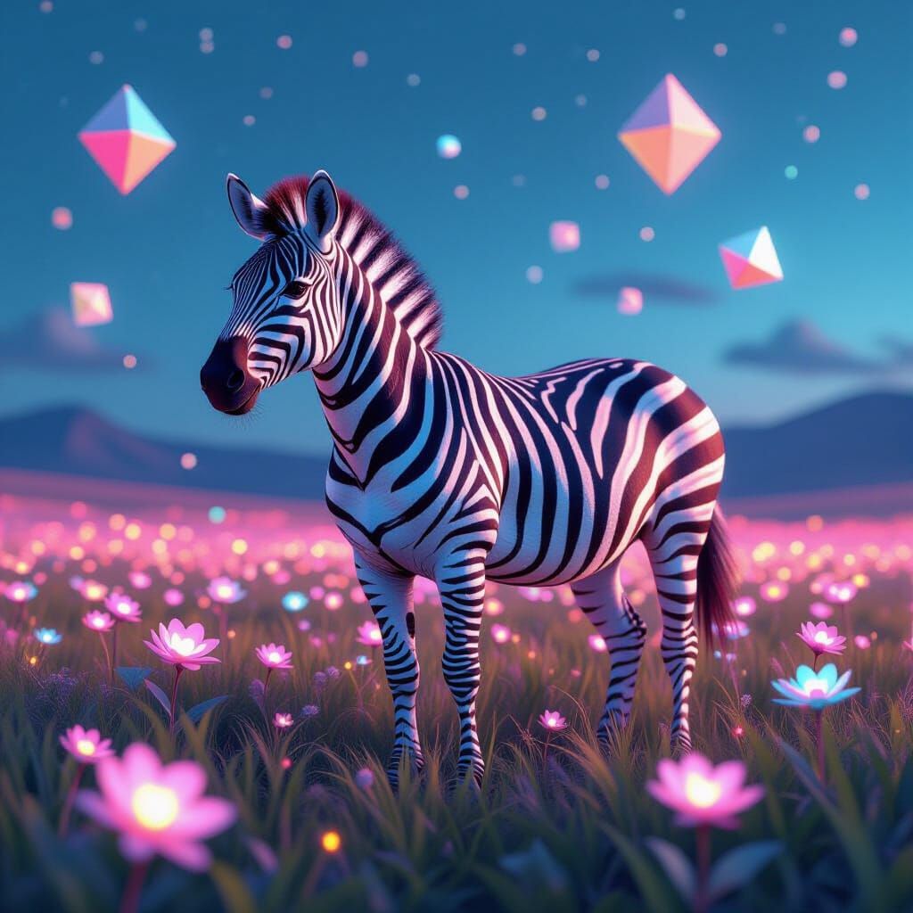 A majestic zebra, its stripes shimmering with iridescent, op...