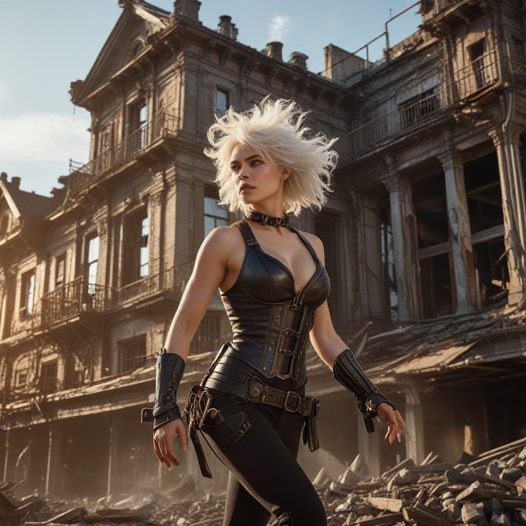 Athletic Woman in Steampunk Cityscape