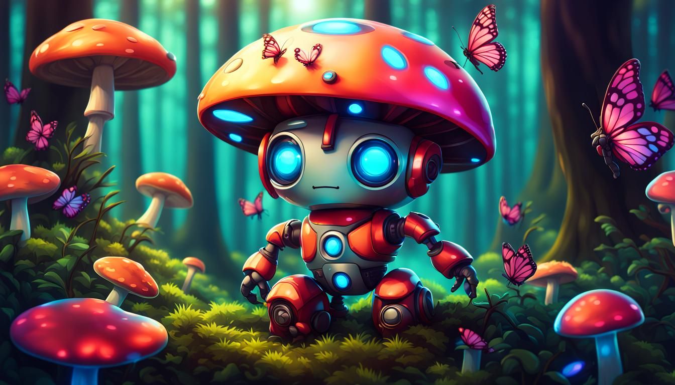 Chibi Robot with Glowing Butterflies in Fantasy Forest