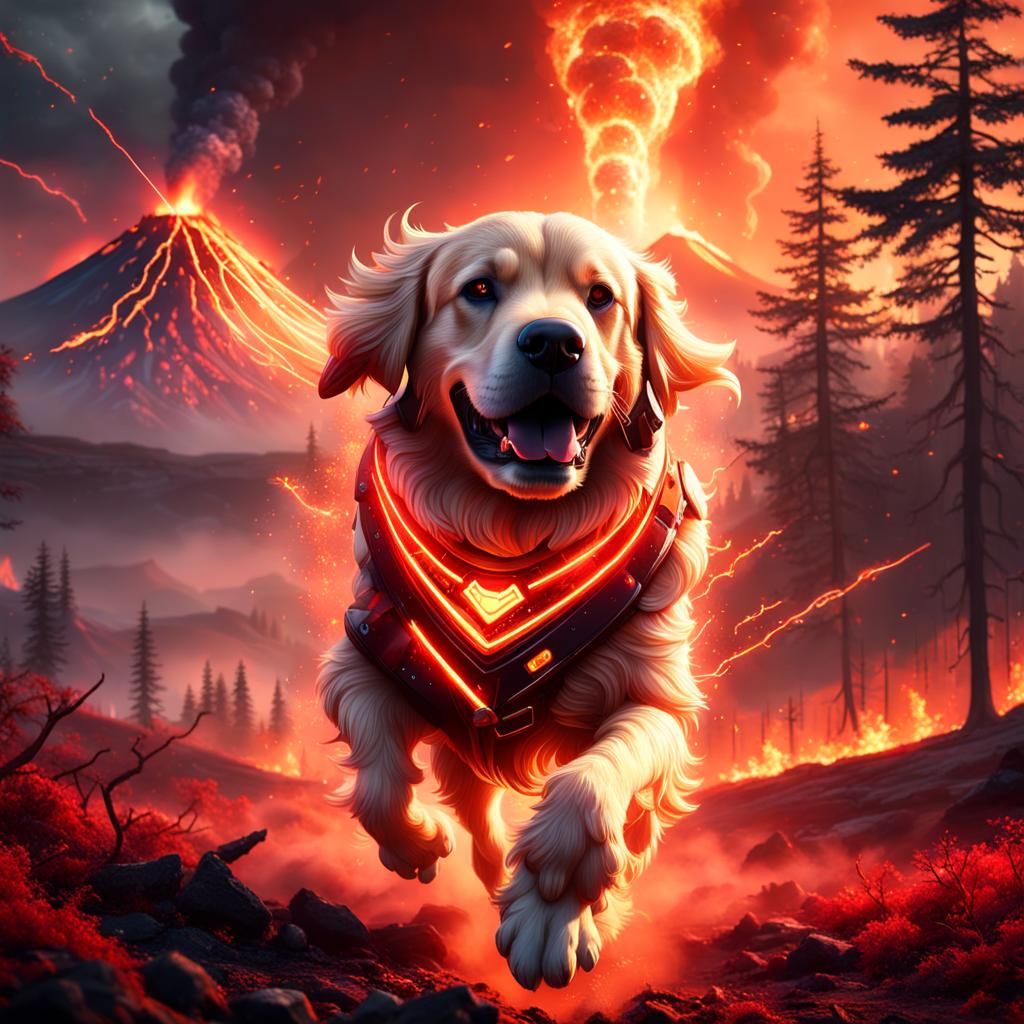 Robotic Golden Retriever in Burning Landscape: Fantasy Art