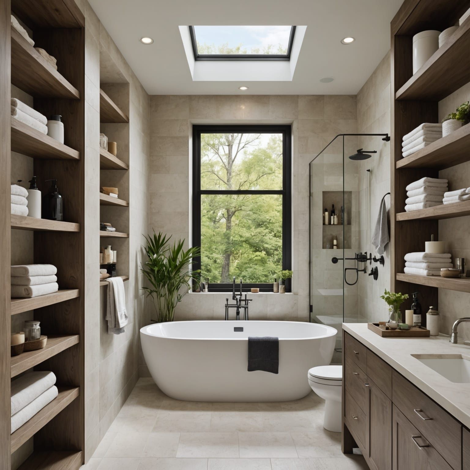 Modern Galley Bathroom with Bathtub and Open Closet