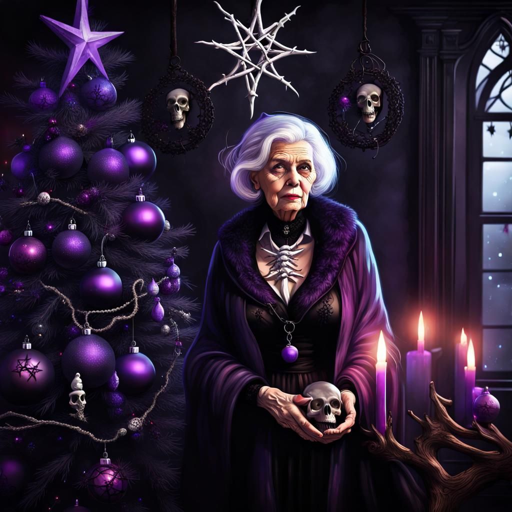 Gothic Witch Decorates a Spindly Christmas Tree