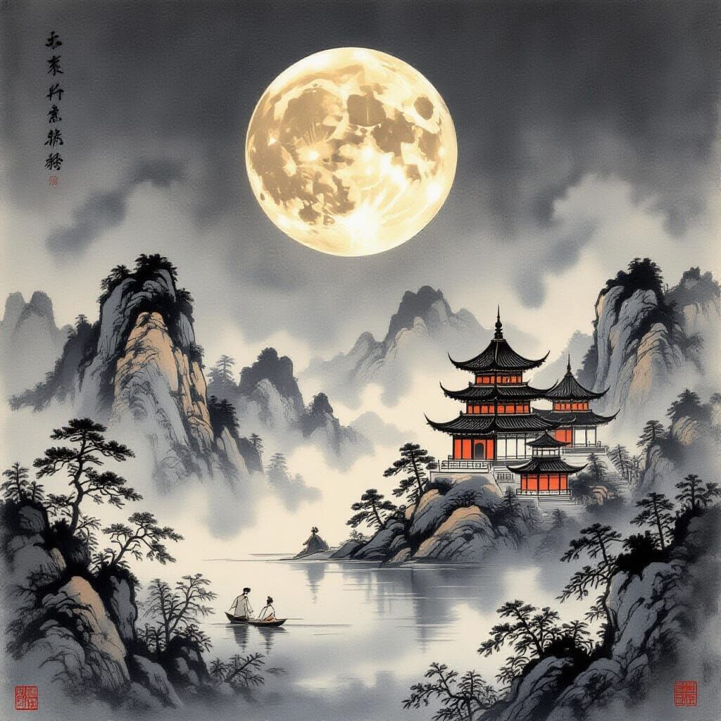 Tang Dynasty Moonlit Chinese Landscape Painting