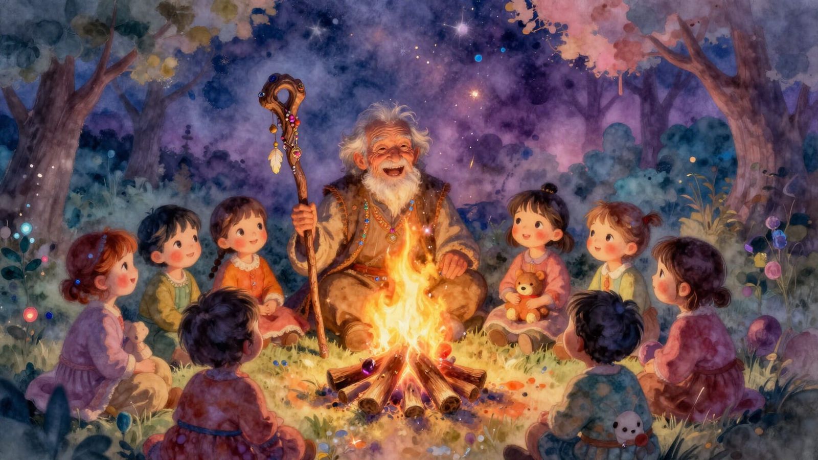 Old Storyteller by Campfire with Children, Dreamy Blur Style