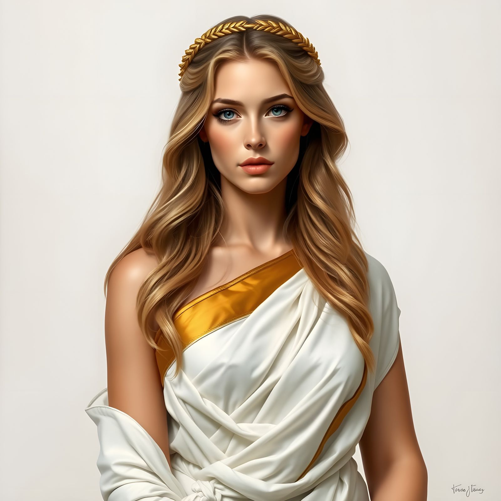 Greek Goddess in Toga Adorns Golden Laurel