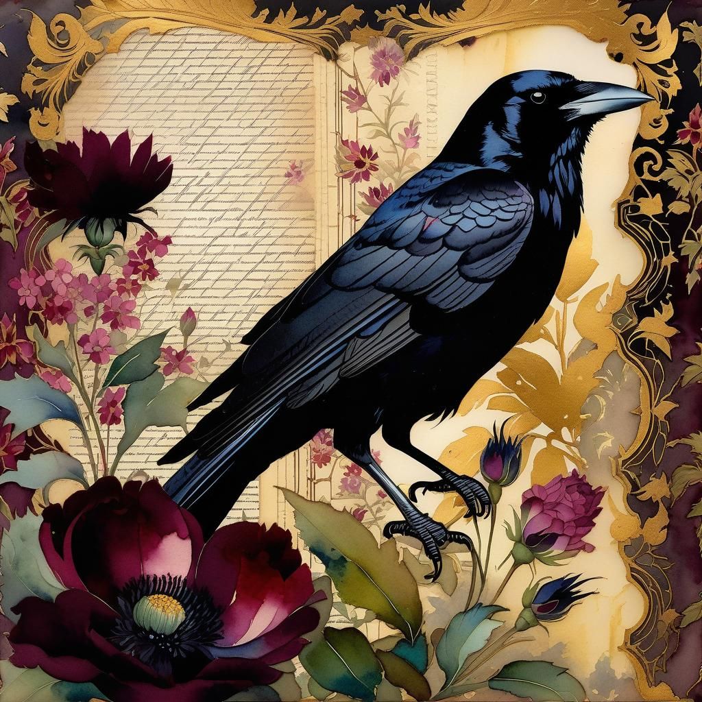 Watercolor Raven Double Exposure on Vintage Wallpaper