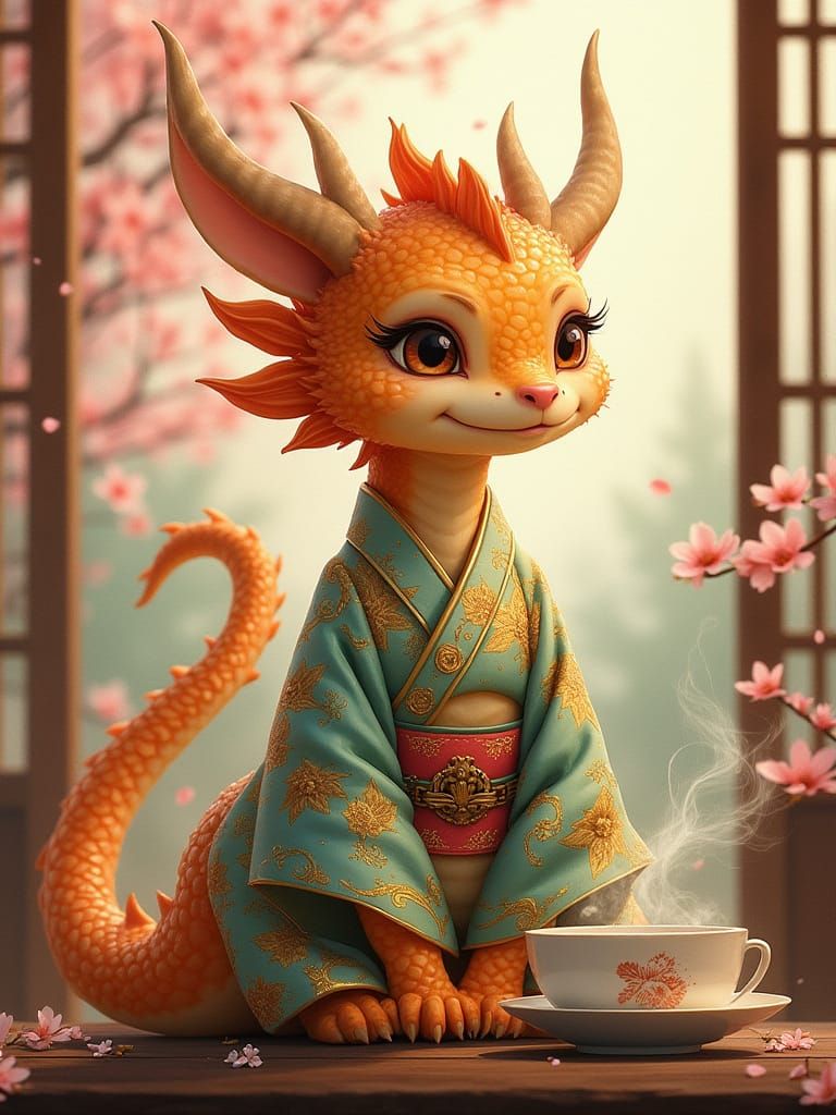 Eastern Gold Dragon in Whimsical Japanese Tea House Scene