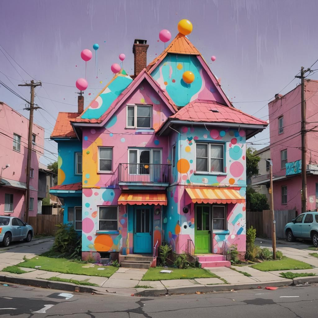 Funky Polka Dot House on Suburban Street in Graffiti Art