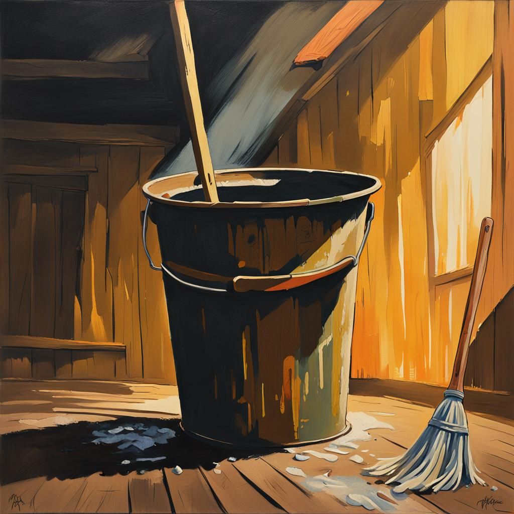 Anthropomorphic Bucket and Mop Gouache Painting
