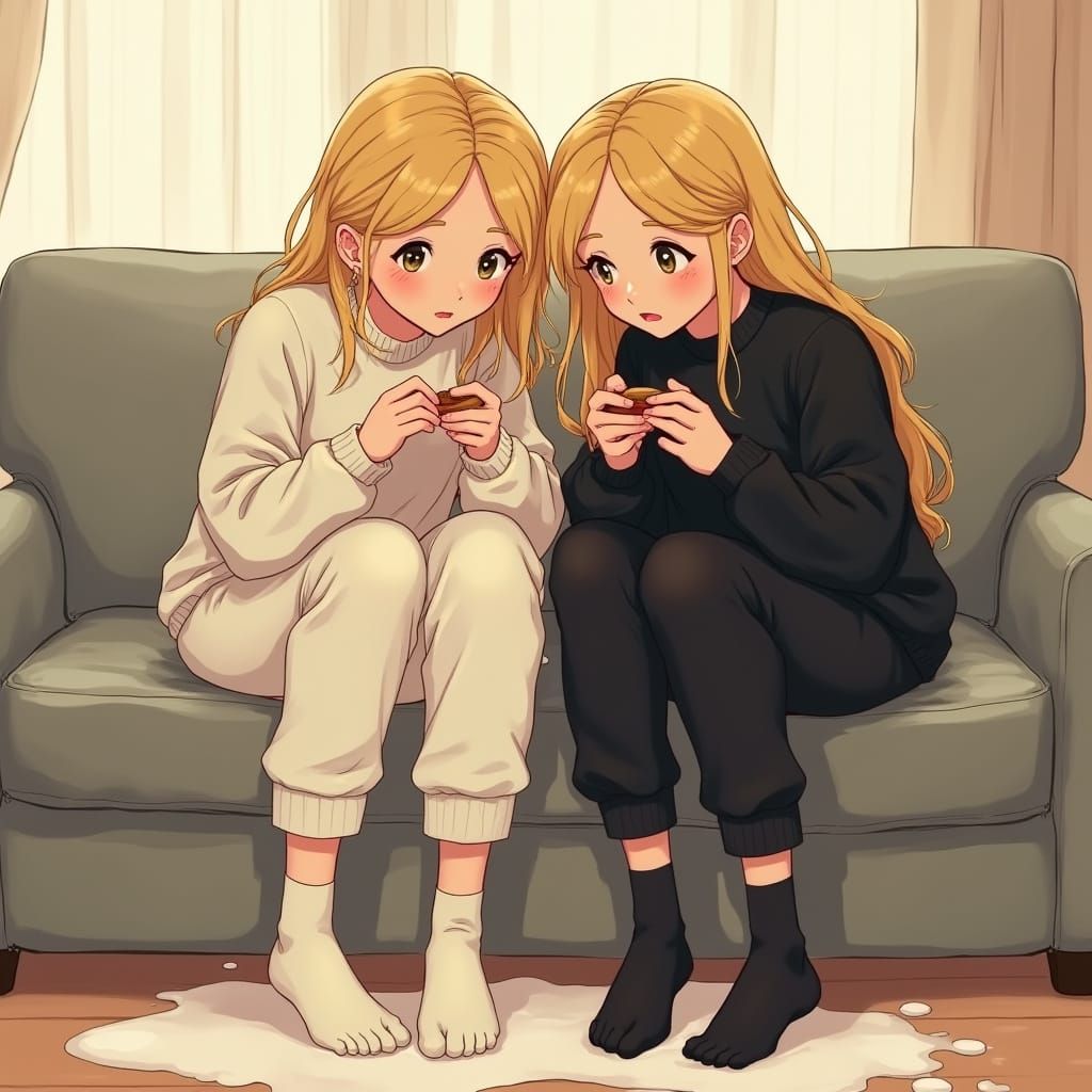 Blonde Teenage Girls Relax on a Cozy Couch