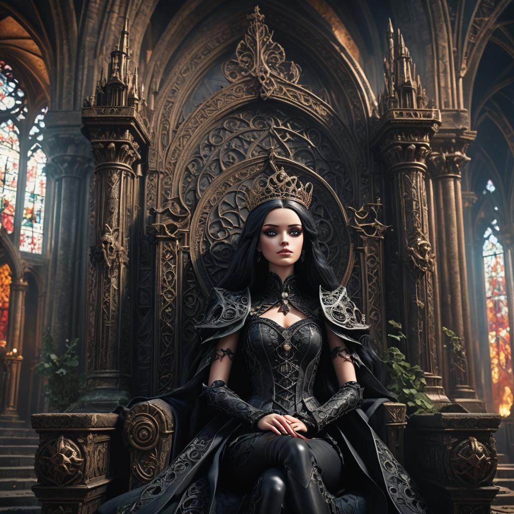 Gothic Barbie on Ornate Throne in Cathedral