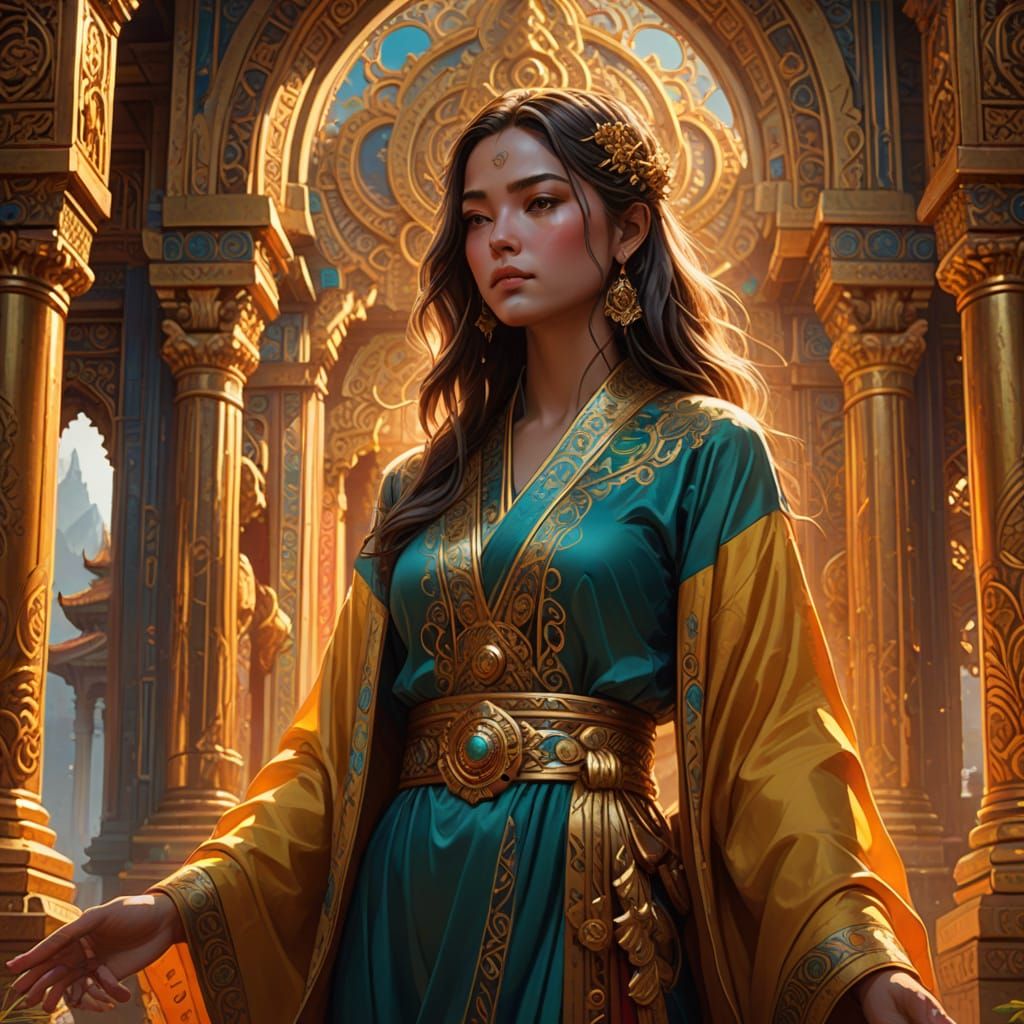 Fantasy Art: Woman Prays at Ornate Temple