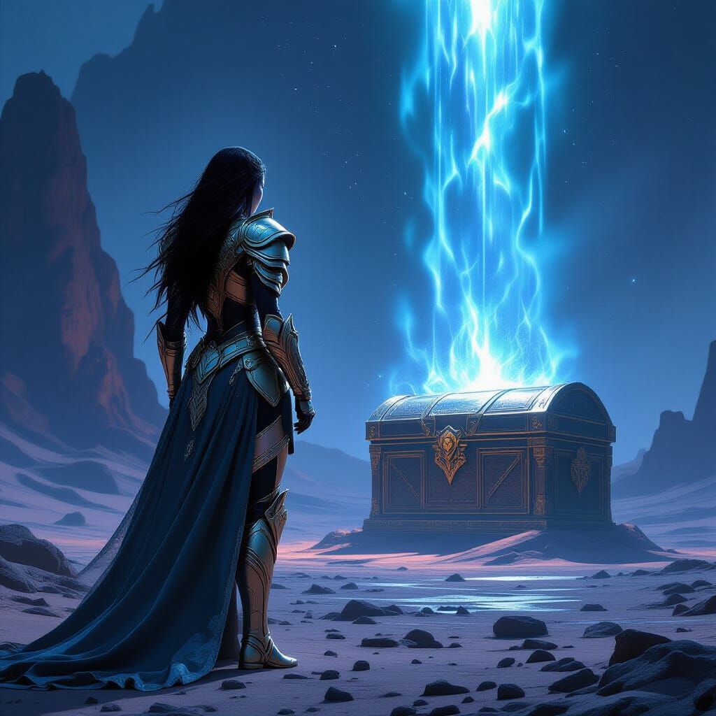 Futuristic Goddess Gazing at Alien Treasure Chest